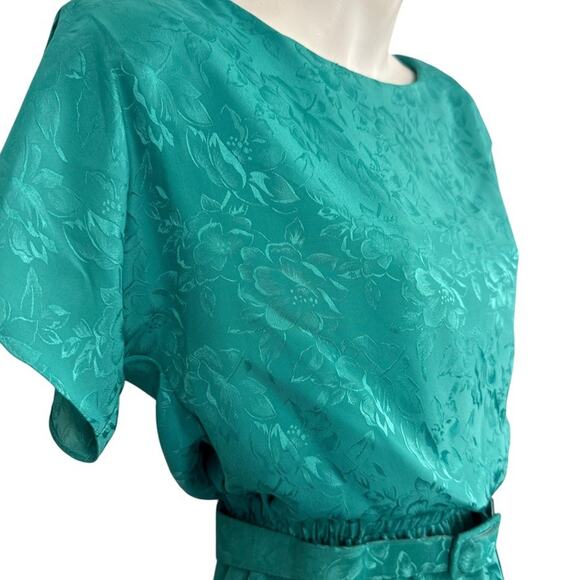 Act I Vintage Floral Satin Print Short Sleeve Blouson USA Made Green Dress sz 4 - Picture 4 of 16